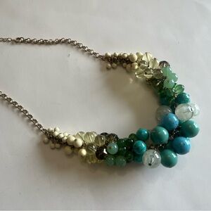 Lia Sophia Gold Tone Chunky Statement Aqua and White Bead Necklace